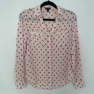 Express Women’s XS White Sheer Button Down Blouse Top Hot Pink Polka Dots